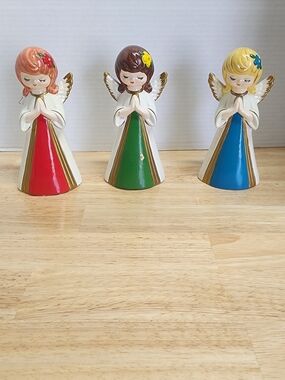 VINTAGE Ceramic Praying Angel Figurines - Red, Green, Blue Dresses